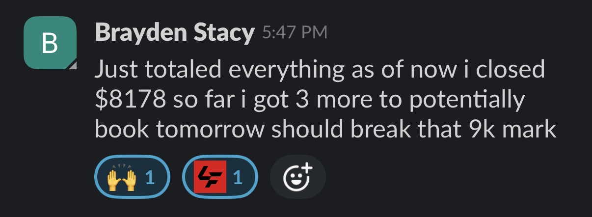 Brayden Stacy — $8,178 closed, breaking $9K on the promo